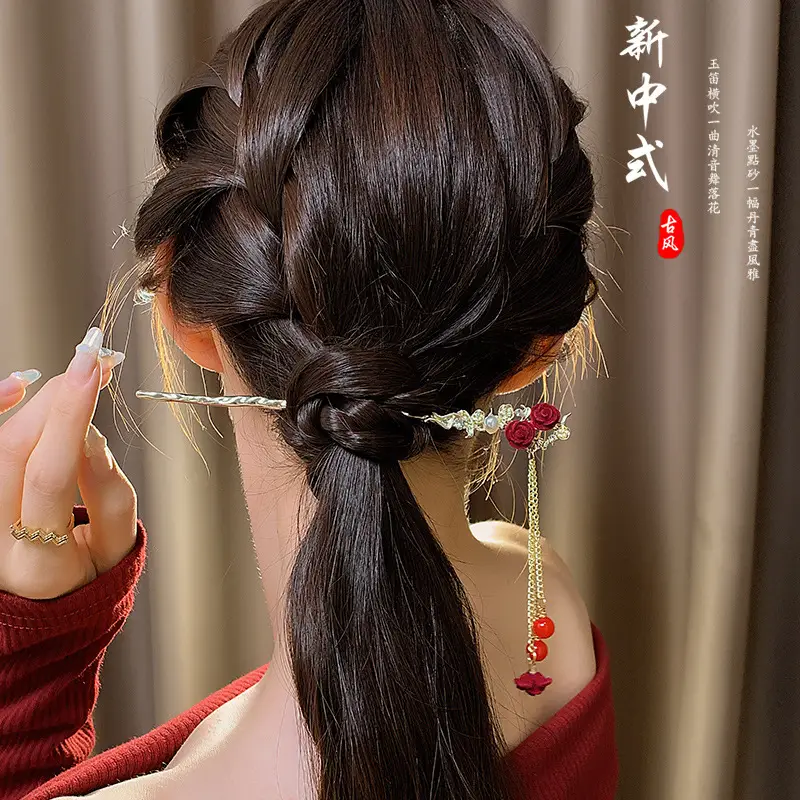 Red Camellia Hairpin for Women Autumn Winter Hanfu Style