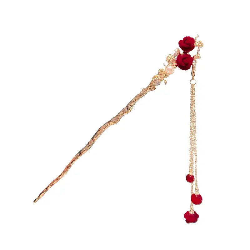 Red Camellia Hairpin for Women Autumn Winter Hanfu Style