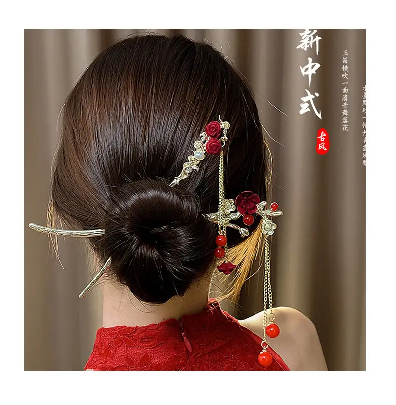 Red Camellia Hairpin for Women Autumn Winter Hanfu Style — feature 4