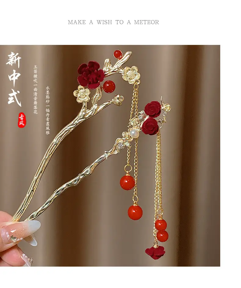 Red Camellia Hairpin for Women Autumn Winter Hanfu Style — feature 5