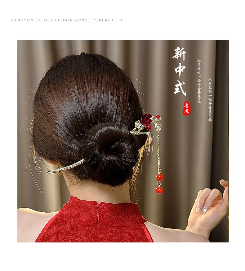 Red Camellia Hairpin for Women Autumn Winter Hanfu Style — feature 6