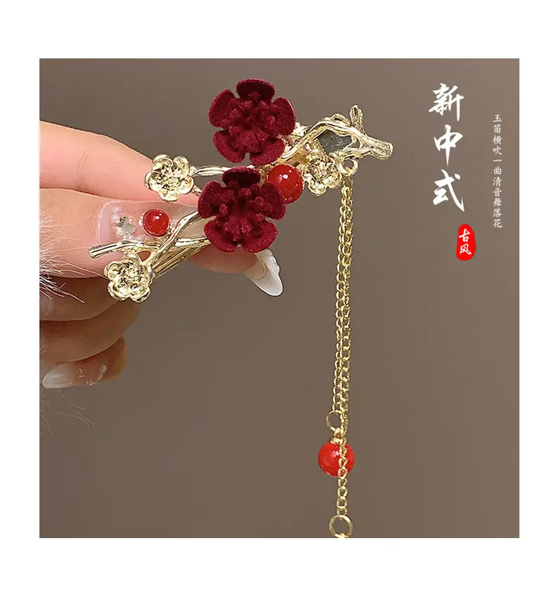 Red Camellia Hairpin for Women Autumn Winter Hanfu Style — feature 7