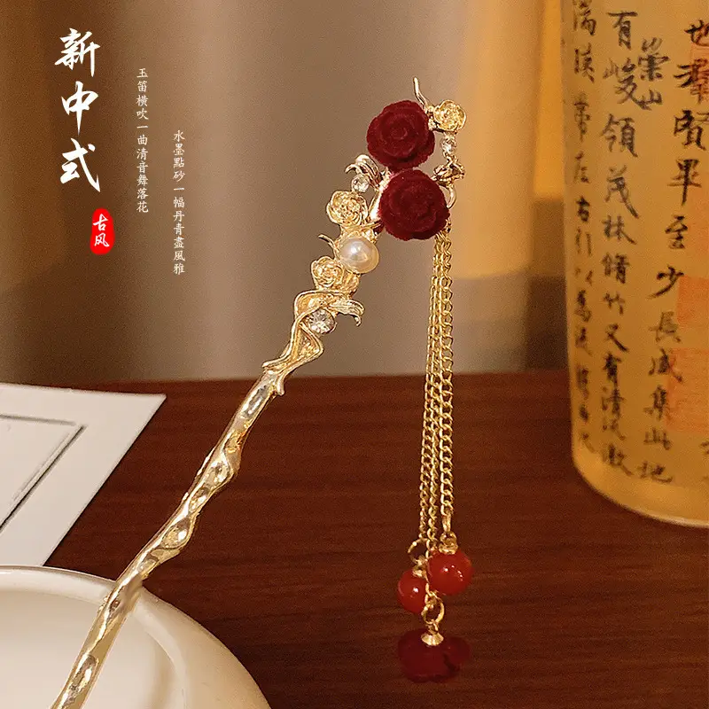 Red Camellia Hairpin for Women Autumn Winter Hanfu Style