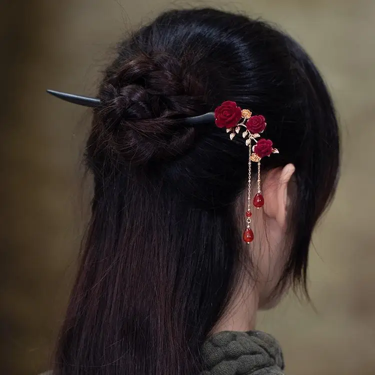 Red Camellia Hairpin for Women Autumn Winter Hanfu Style