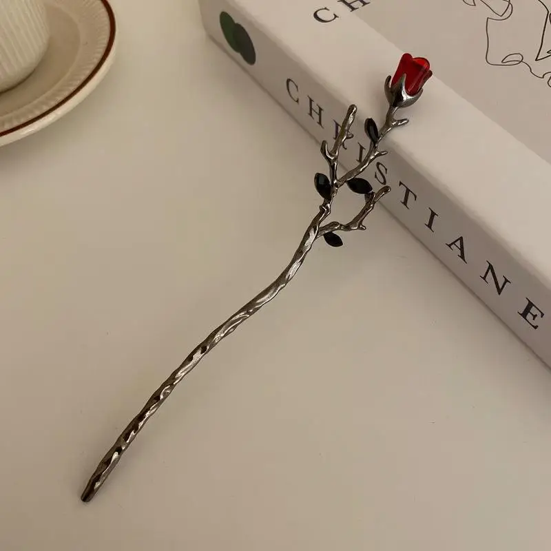 Red Camellia Hairpin for Women Autumn Winter Hanfu Style