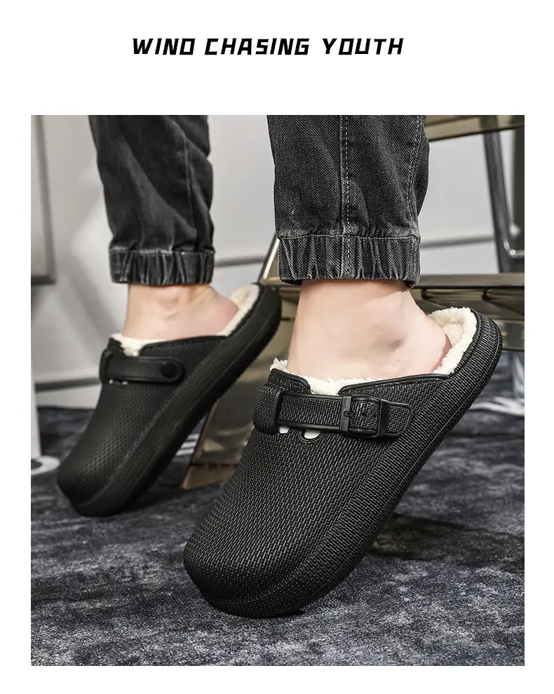 Winter new men's fashion casual waterproof cotton slippers toe-wrapped shoes fleece-lined warm home shoes woolen slippers — feature 10