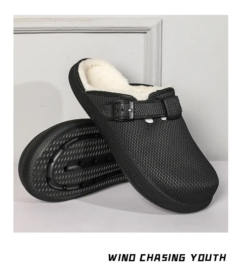 Winter new men's fashion casual waterproof cotton slippers toe-wrapped shoes fleece-lined warm home shoes woolen slippers — feature 11