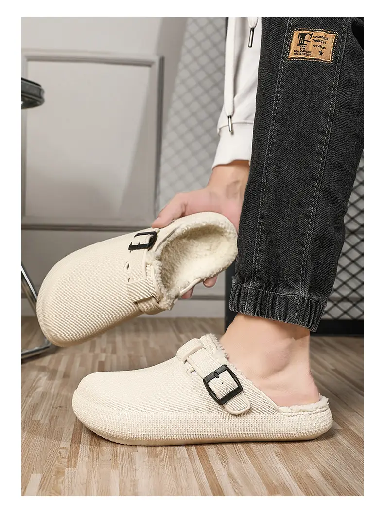 Winter new men's fashion casual waterproof cotton slippers toe-wrapped shoes fleece-lined warm home shoes woolen slippers — feature 14