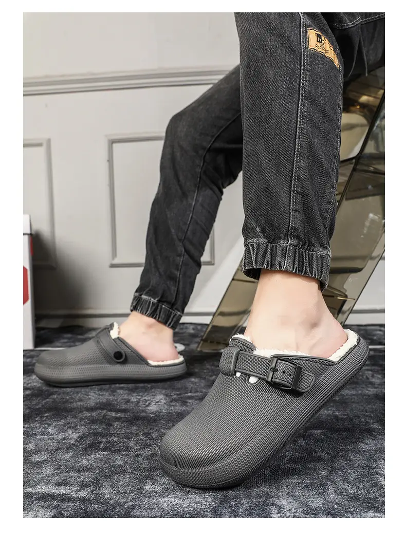 Winter new men's fashion casual waterproof cotton slippers toe-wrapped shoes fleece-lined warm home shoes woolen slippers — feature 17
