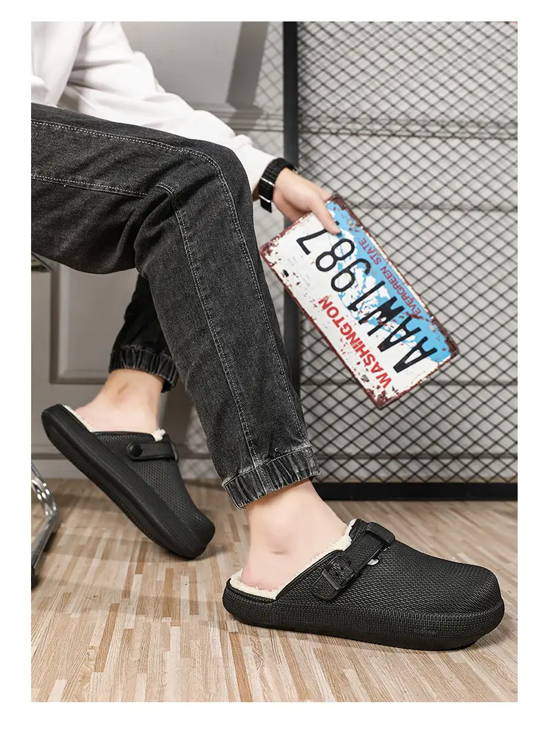 Winter new men's fashion casual waterproof cotton slippers toe-wrapped shoes fleece-lined warm home shoes woolen slippers — feature 8