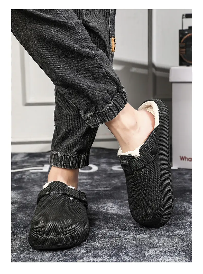Winter new men's fashion casual waterproof cotton slippers toe-wrapped shoes fleece-lined warm home shoes woolen slippers — feature 9