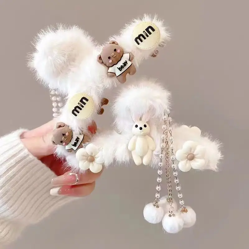 New plush flower hairpin with tassel and bear design - Image 18