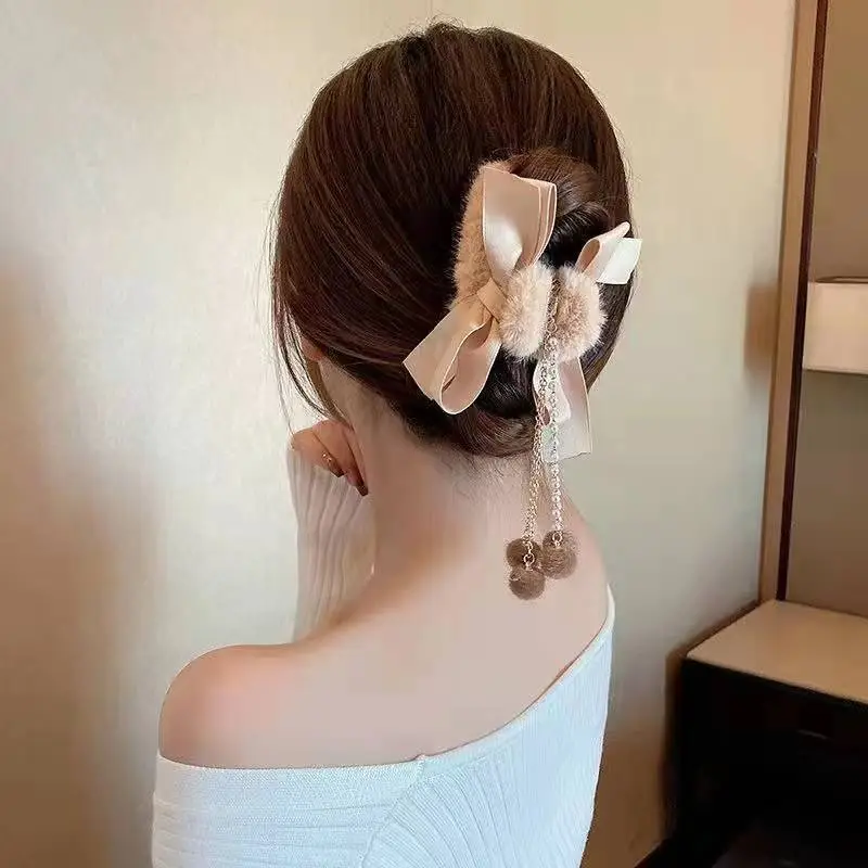 New plush flower hairpin with tassel and bear design - Image 19