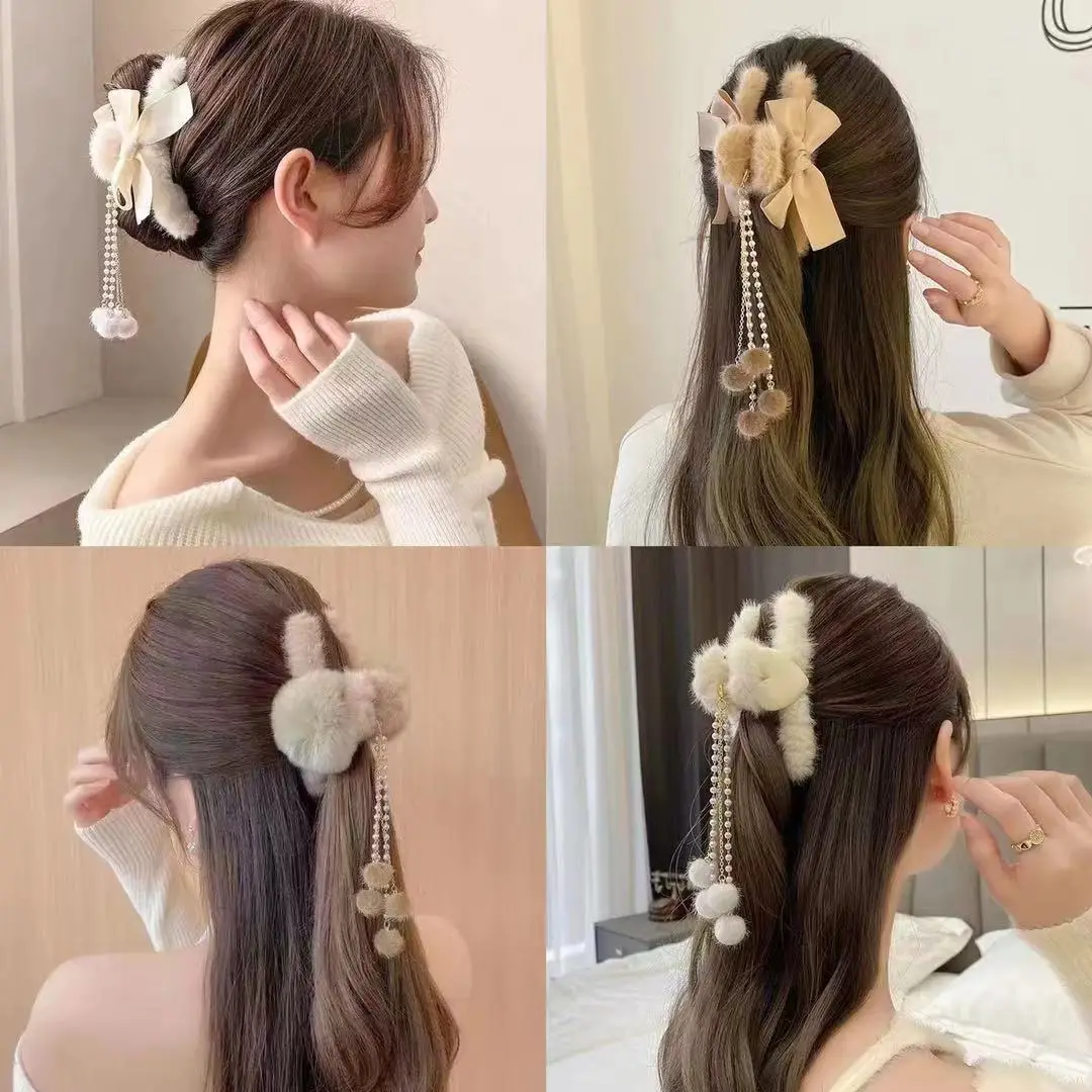 New plush flower hairpin with tassel and bear design — feature 11