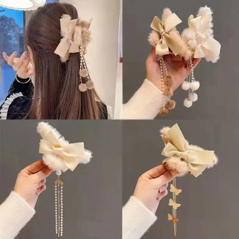 New plush flower hairpin with tassel and bear design — feature 12