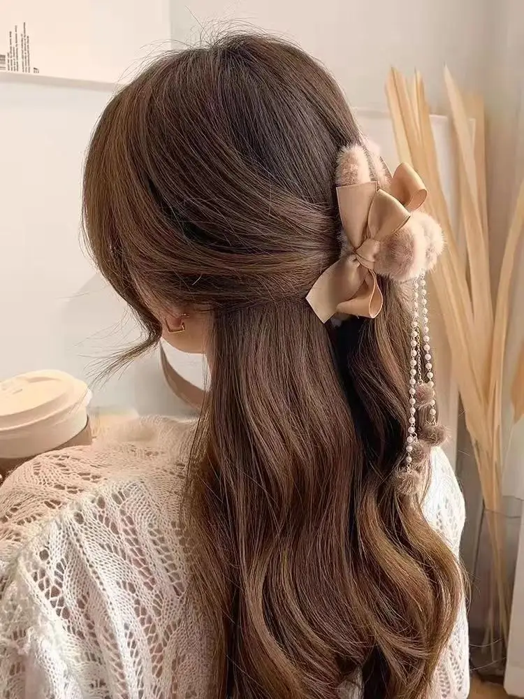 New plush flower hairpin with tassel and bear design — feature 17