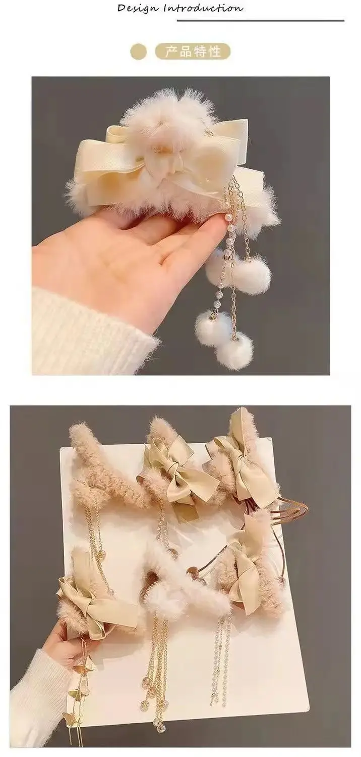 New plush flower hairpin with tassel and bear design — feature 3