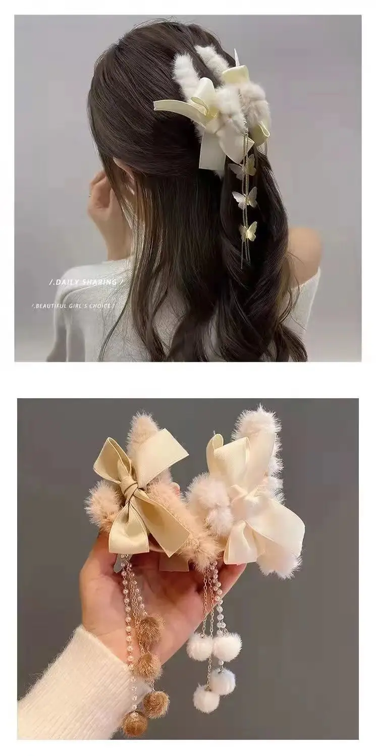 New plush flower hairpin with tassel and bear design — feature 5