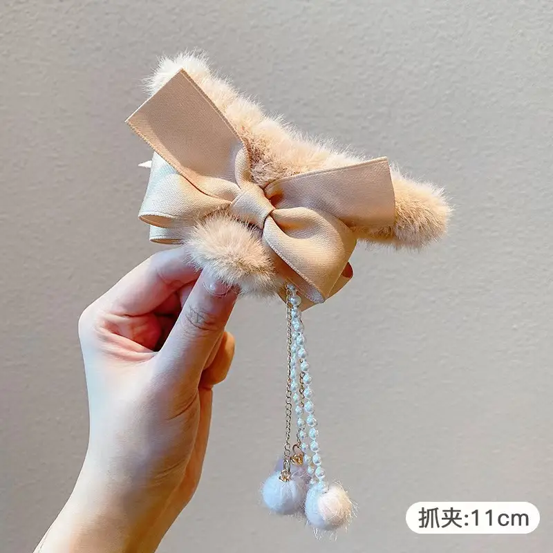New plush flower hairpin with tassel and bear design - Image 2