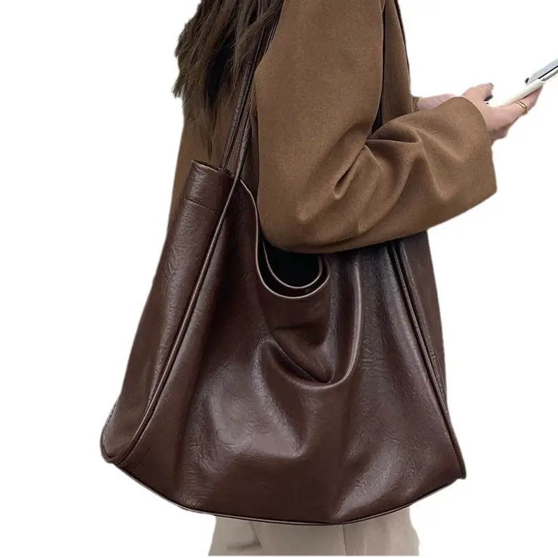 Brown Large Capacity Leather Tote Bag for Women - Image 7