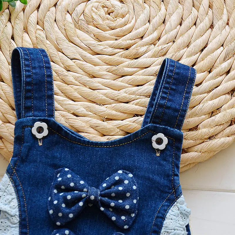 Girls Denim Overalls with Polka Dot Bow 1-4Y - Image 2