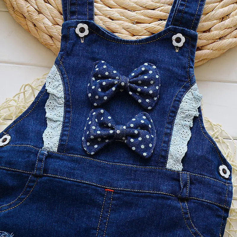 Girls Denim Overalls with Polka Dot Bow 1-4Y - Image 3