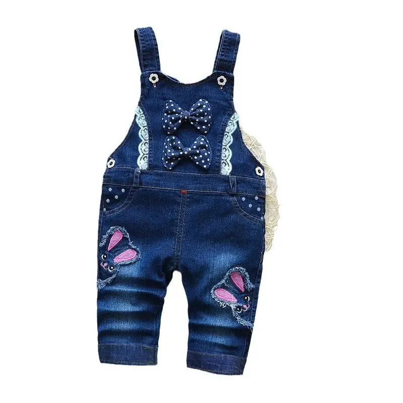 Girls Denim Overalls with Polka Dot Bow 1-4Y - Image 5