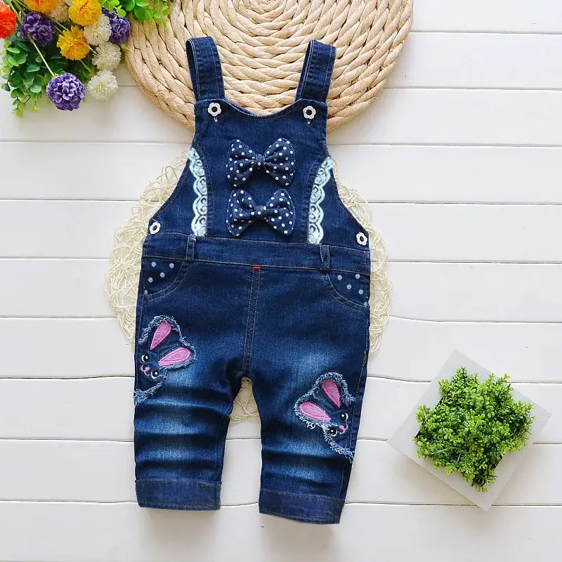 Girls Denim Overalls with Polka Dot Bow 1-4Y — feature 1