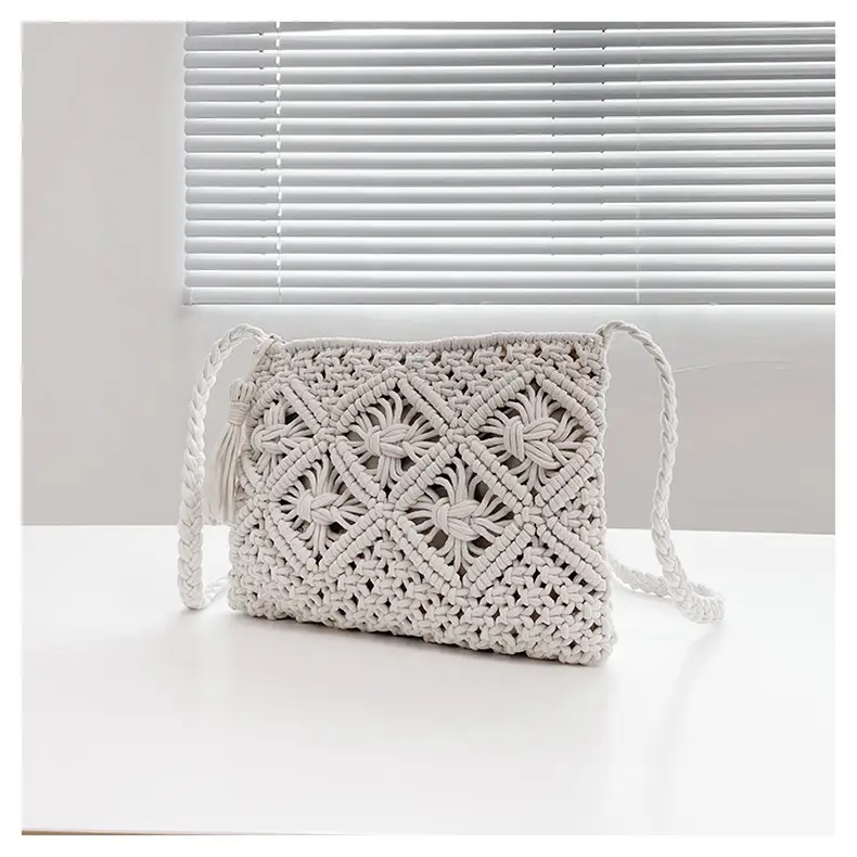 White Cotton Crossbody Bag with Tassels for Women - Image 4