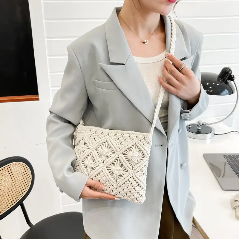 White Cotton Crossbody Bag with Tassels for Women - Image 5