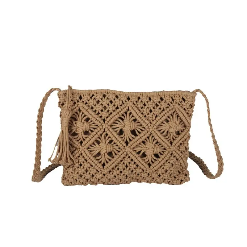 White Cotton Crossbody Bag with Tassels for Women - Image 7