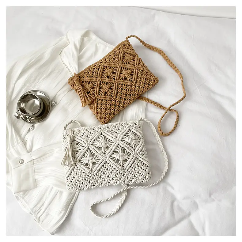 White Cotton Crossbody Bag with Tassels for Women — feature 1