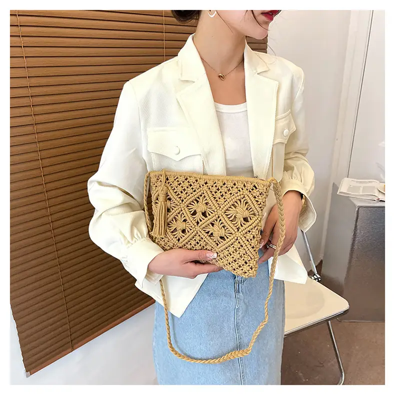 White Cotton Crossbody Bag with Tassels for Women — feature 11