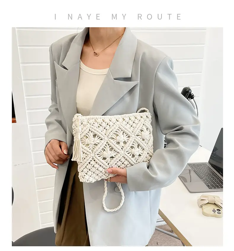 White Cotton Crossbody Bag with Tassels for Women — feature 2