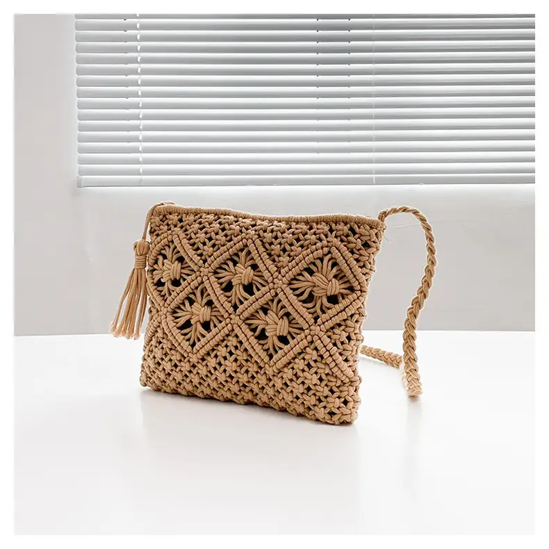 White Cotton Crossbody Bag with Tassels for Women - Image 2