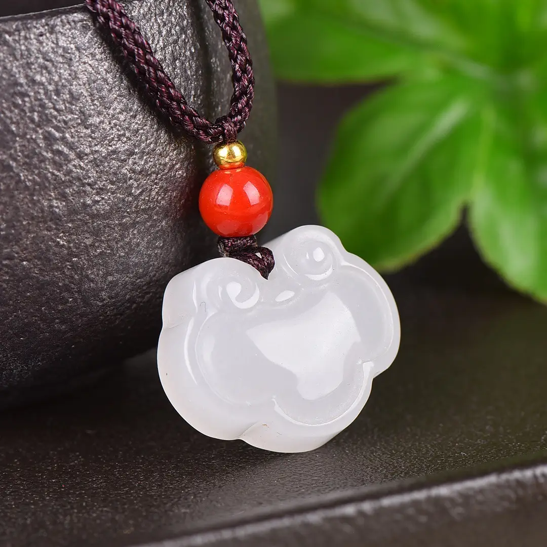 Jade Ruyi Lock Necklace with Red Stone