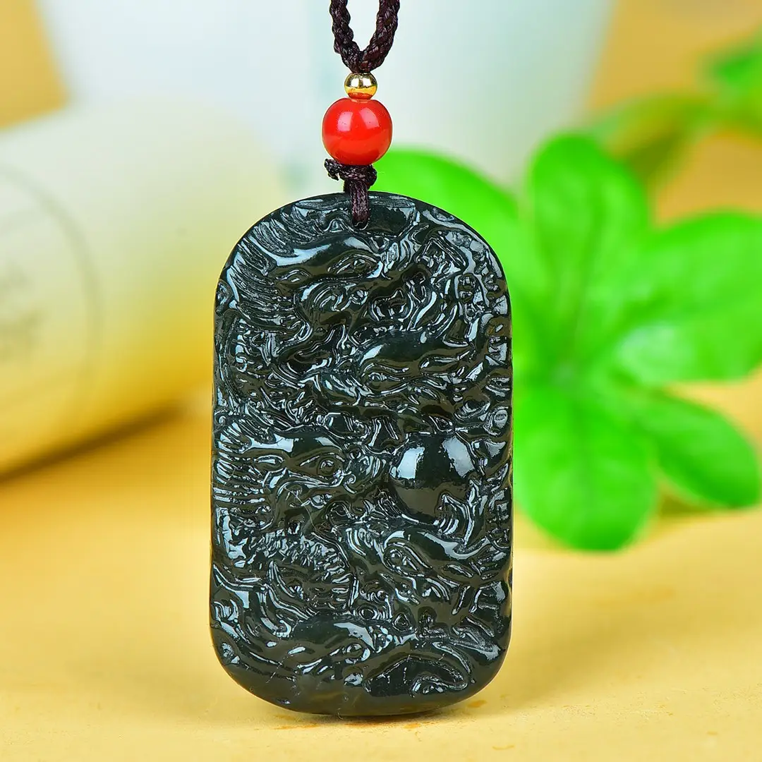 Hetian Jade Dragon Pendant Black with Red Bead - Image 3