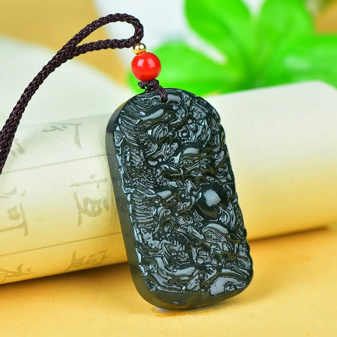 Hetian Jade Dragon Pendant Black with Red Bead - Image 4