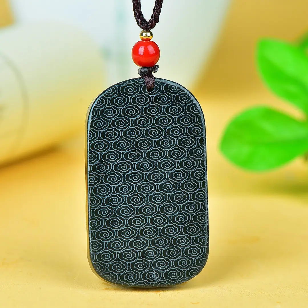 Hetian Jade Dragon Pendant Black with Red Bead — feature 7