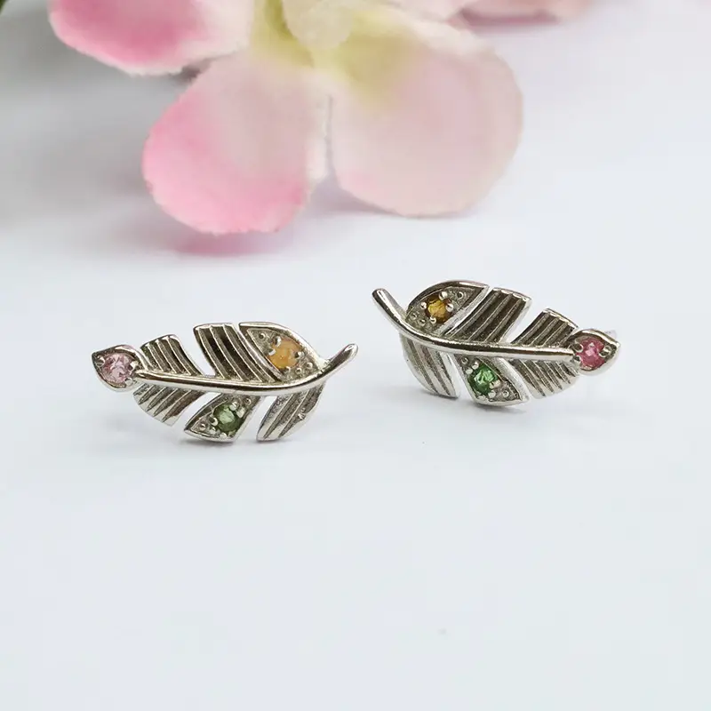 Gemstone Feather Earrings S925 Silver Women - Image 3