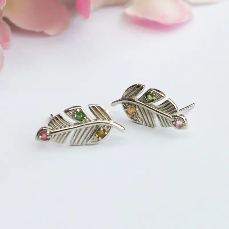 Gemstone Feather Earrings S925 Silver Women - Image 4