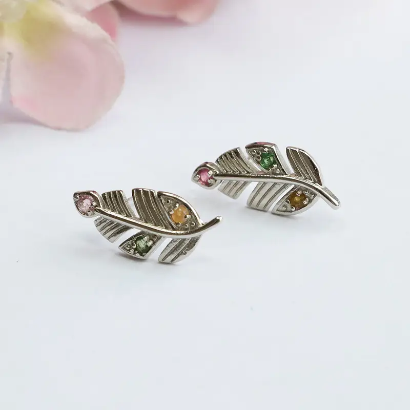 Gemstone Feather Earrings S925 Silver Women - Image 5