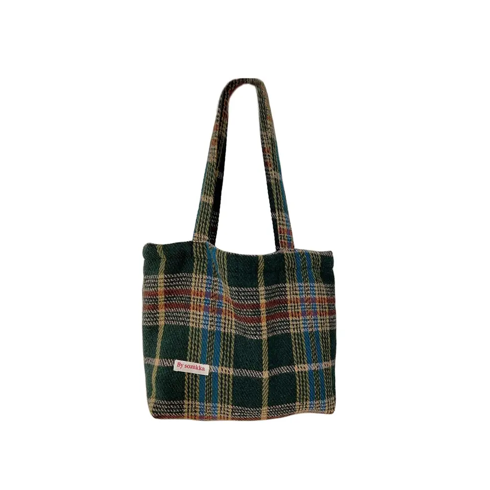 Textured Woolen Plaid Commuter Tote Bag Women - Image 9
