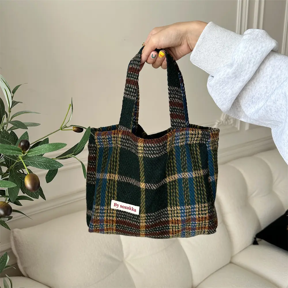 Textured Woolen Plaid Commuter Tote Bag Women - Image 2