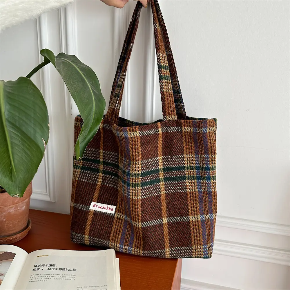 Textured Woolen Plaid Commuter Tote Bag Women - Image 3