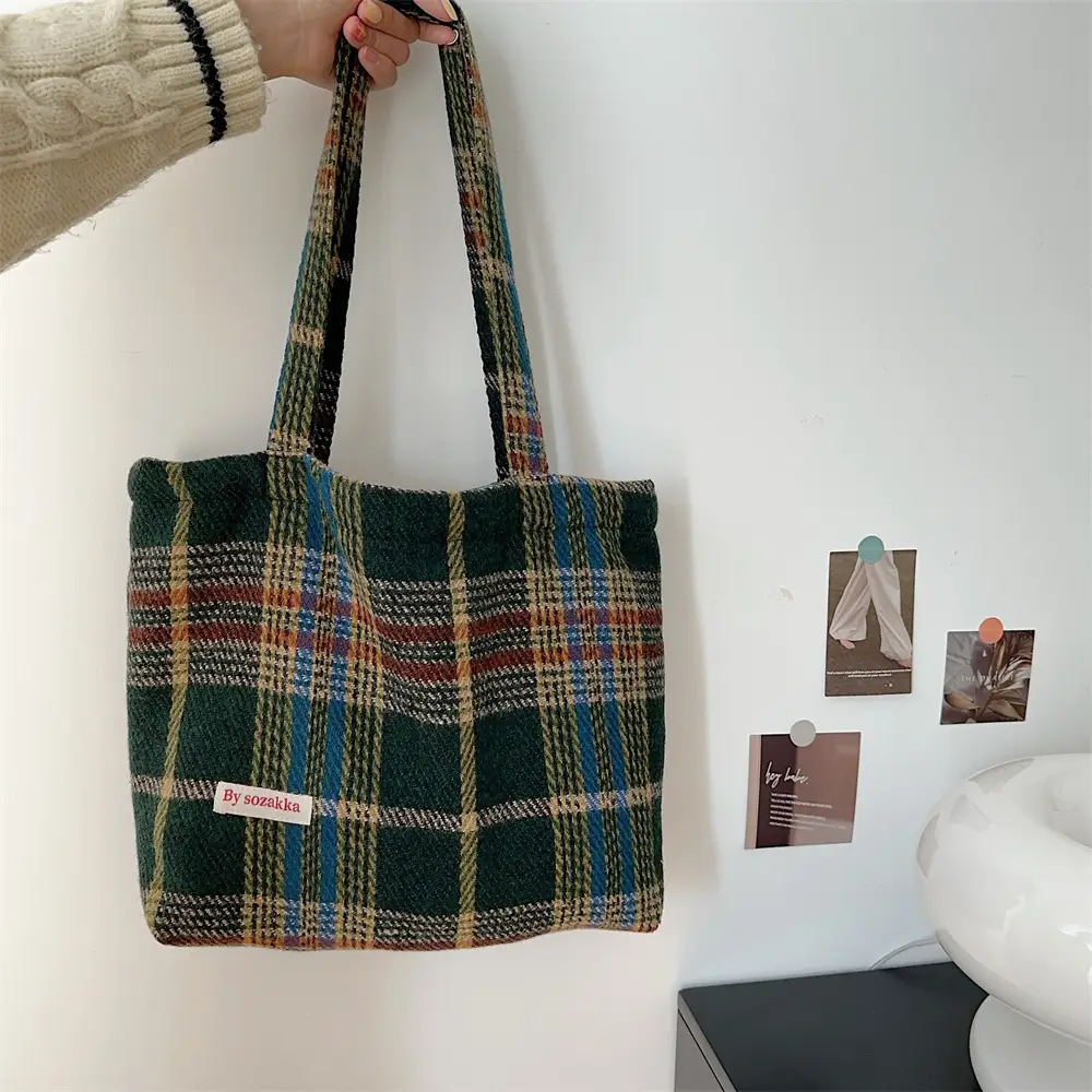 Textured Woolen Plaid Commuter Tote Bag Women - Image 4