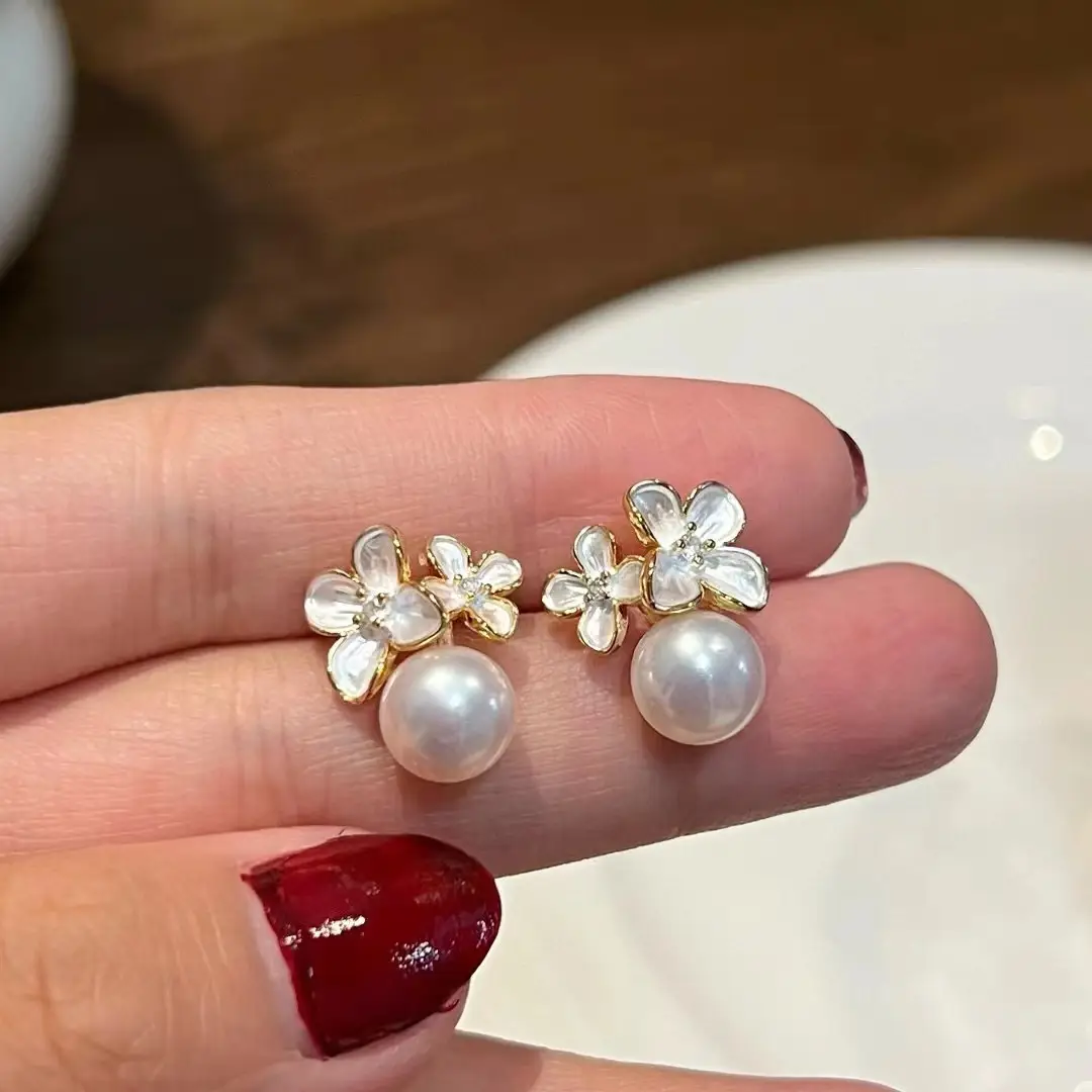 Flower Pearl Earrings Drop Oil Size Gold Plated - Image 8