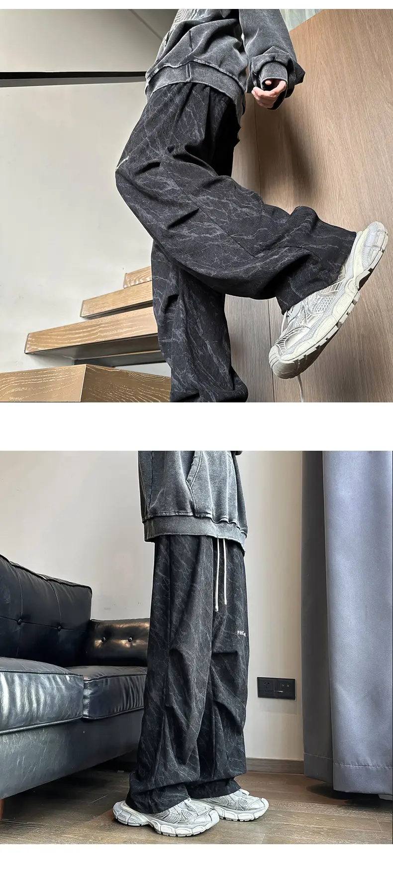 Men Fleece Lined Grey Wide Leg Pants — feature 3