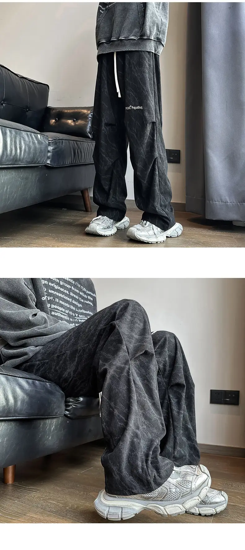 Men Fleece Lined Grey Wide Leg Pants — feature 5