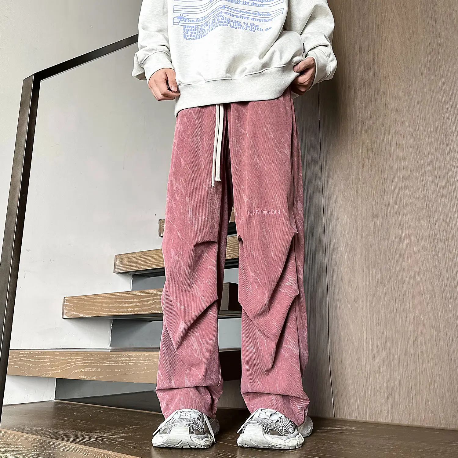Men Fleece Lined Grey Wide Leg Pants - Image 2